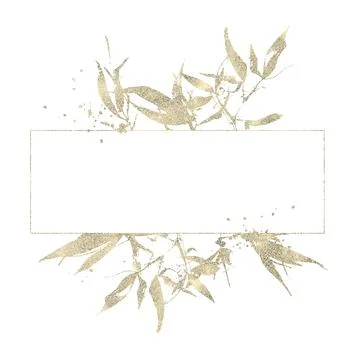 Exotic horizontal rectangular line frame. Golden texture bamboo branches, leaves Illustrazione stock