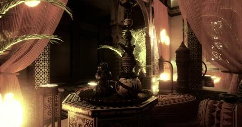 Exotic indoor setting with intricate decor and warm ambient lighting イラスト素材