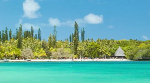 Exotic Isle of Pine Beach with Hut in Vibrant Colors Stock Footage 61086251