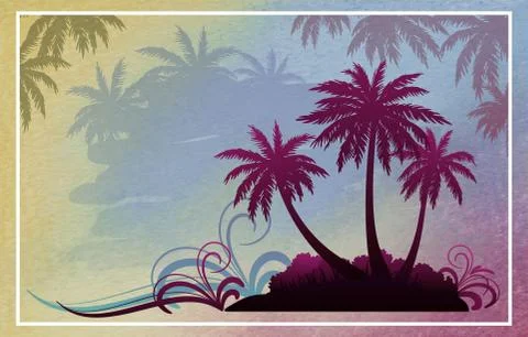 Exotic Landscape with Palm Stock Illustration