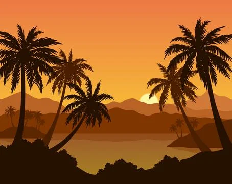 Exotic Landscape with Palm Stock Illustration