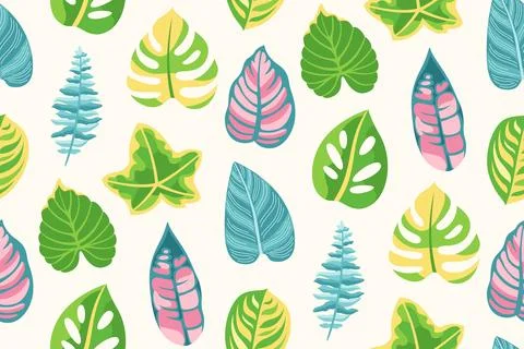Exotic leaves cartoon seamless pattern tropical jungle plants boundless Stock Illustration