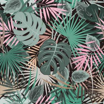 Exotic leaves, rainforest seamless pattern. tropical paradise. Vector background 스톡 일러스트