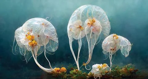 Exotic medusa, ocean life wallpaper, underwater painting, jellyfish digital Stock Illustration