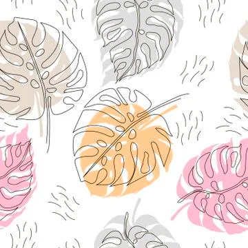 Exotic monstera continuous one line drawing summer tropical leaf hand drawn on Stock Illustration