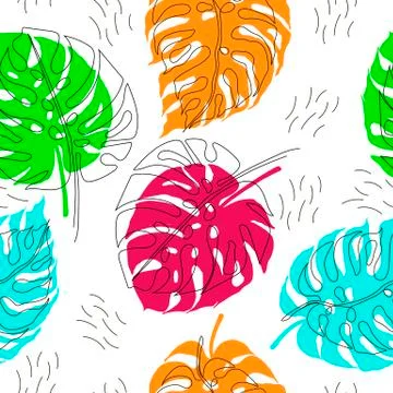 Exotic monstera continuous one line drawing summer tropical leaf hand drawn on Stock Illustration