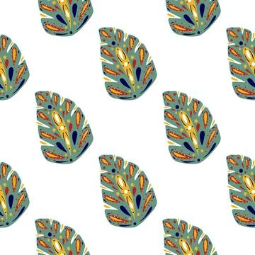Exotic nature seamless pattern with doodle folk monstera elements print. Isol イラスト素材