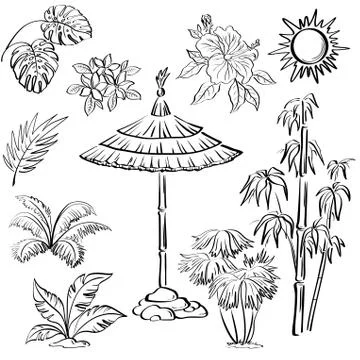 Exotic objects set, outline Stock Illustration