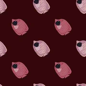 Exotic ocean zoo seamless pattern with lilac butterfly fish print. Dark maroo Stock Illustration