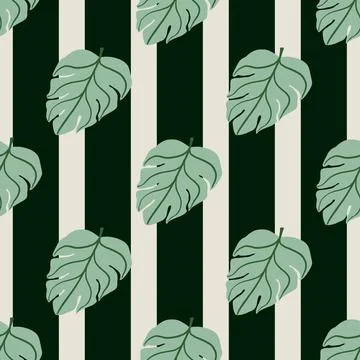 Exotic palm seamless pattern with light green simple monstera leaf print. Gre Illustrazione stock