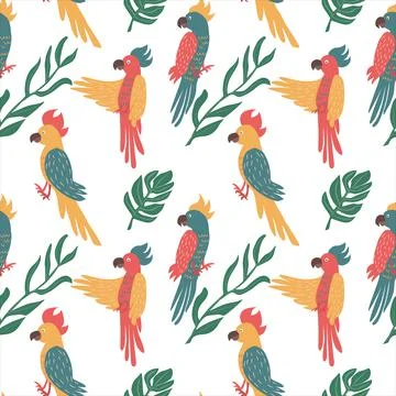 Exotic parrots seamless pattern. Tropical birds background. Isolated vector i Stock Illustration