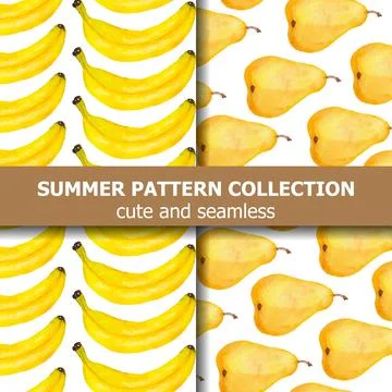 Exotic pattern collection with watercolor pears and bananas. Summer banner. Stock Illustration