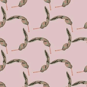 Exotic seamless doodle pattern with tropical leaves shapes. Pastel pink backg Stock Illustration