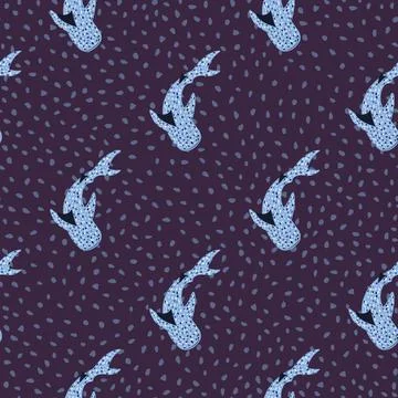 Exotic seamless pattern with blue whale shark silhouettes. Navy blue dotted b Illustrazione stock