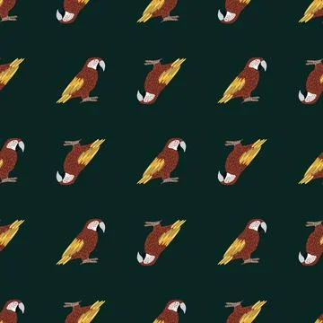 Exotic seamless pattern with brown colored ara parrot print. Black background Illustrazione stock