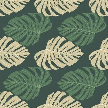 Exotic seamless pattern with doodle hand drawn green and beige monstera print Stock Illustration