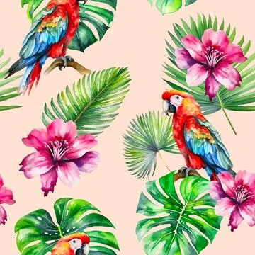 Exotic seamless pattern graphic. Parrots, leaves and flowers. Stock Illustration