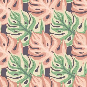 Exotic seamless pattern with green and pink monstera leaf elements print. Pur 스톡 일러스트