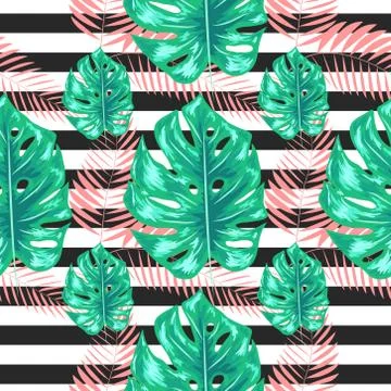 Exotic seamless pattern with monstera palm leaves. Tropical hawaiian textile  Stock Illustration
