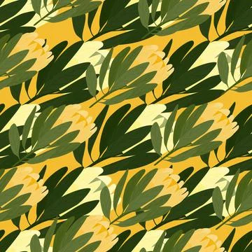 Exotic seamless pattern with protea flowers silhouettes ornament. Yellow back Stock Illustration
