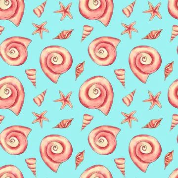 Exotic seashells. Seamless pattern. Blue background with shells. Stock Illustration