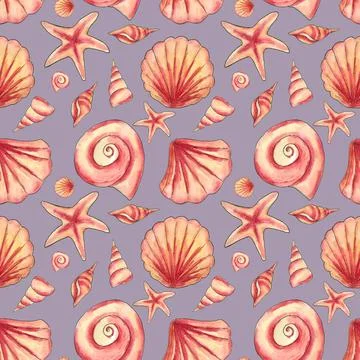 Exotic seashells. Seamless pattern. Gray lilac background with shells. イラスト素材