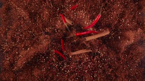 Exotic Spices and chilli pepper Flying up and Falling down in Slow Motion Video stock 133812997
