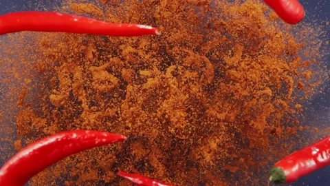 Exotic Spices and red chilli peppers Flying up and Falling down in Slow Motion Stock Footage 147861428
