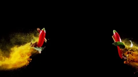 Exotic Spices collide on black background closeup in super slow motion 스톡 동영상 117211780