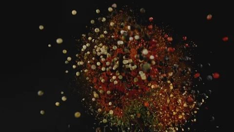 Exotic Spices  Flying up and Falling down in Slow Motion Stock Footage 111978712