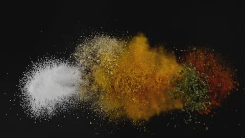 Exotic Spices  Flying up and Falling down in Slow Motion Stock Footage 111979264