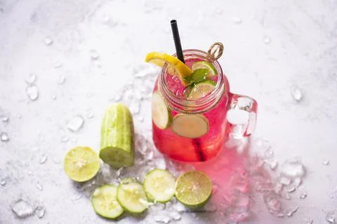 Exotic summer drinks refreshing of cold drinks glasses jar fresh fruit and ve 스톡 사진