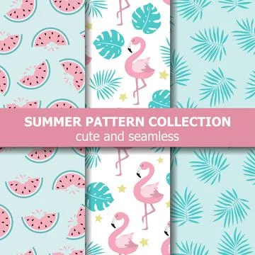 Exotic summer pattern collection. Flamingo and watermelon theme, Summer banne Stock Illustration