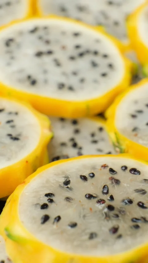 Exotic tropical fruit background with round dragon fruit pitaya slices Stock Footage 340550032