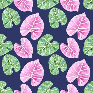 Exotic tropical leaf seamless pattern. Summer watercolor ibackground on blue Stock Illustration