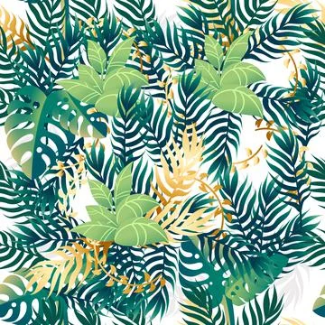 Exotic tropical leaves seamless pattern flat vector illustration on white Stock Illustration
