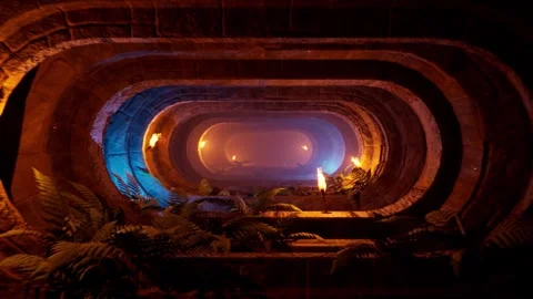 Exotic tunnel with stone surface texture and fern plants. Camera movement Video stock 283473499