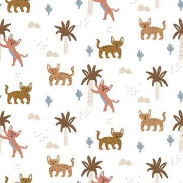 Exotic wild cat seamless pattern with abstract trees. Hand drawn cute design Illustrazione stock