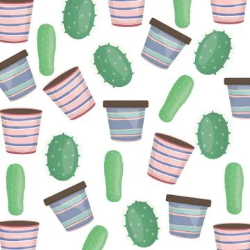 Exotics cactus plants and ceramic pots pattern Stock Illustration