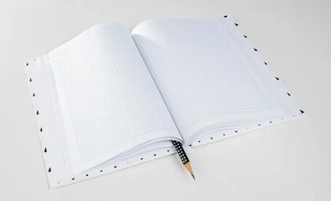 Expanded checkered notebook with open sheets and pencil. Selective focus. Blu 写真素材