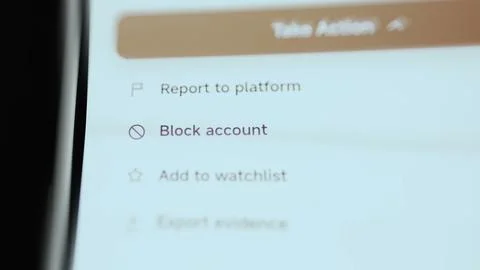 Expanded take action menu presents report, block, watchlist and evidence Stock Photos