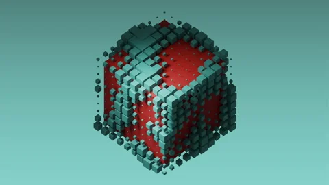 Expanding blocks create a detailed pattern surrounding the cube Stock Footage 305537112