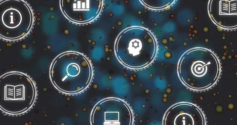 Expanding dashed rings revealing white icons forming dense hex grid, camera Stock Footage 329832836