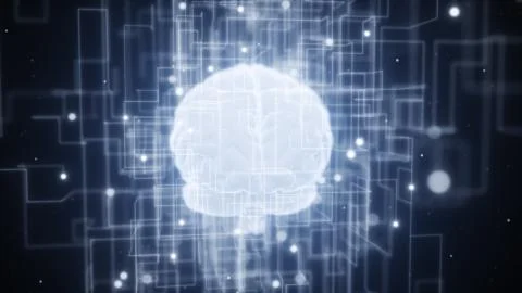 An expanding network around the digital brain of artificial intelligence. Big Stock Illustration
