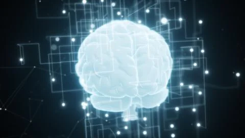 An expanding network around the digital brain of artificial intelligence. Big Stock Illustration