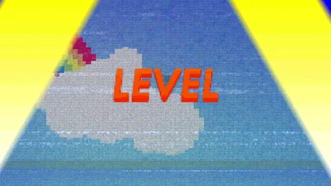Expanding orange loading bar initiating pixel animation in sky, showcasing neon Stock Footage 311415886