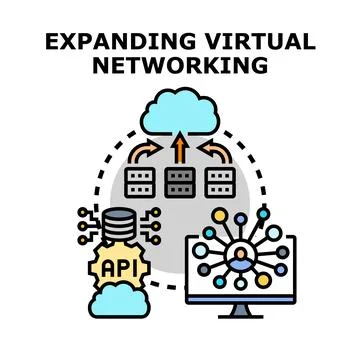 Expanding virtual networking concept with cloud computing and api integration Stock Illustration