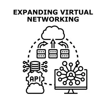 Expanding virtual networking concept with cloud computing and api integration Stock Illustration