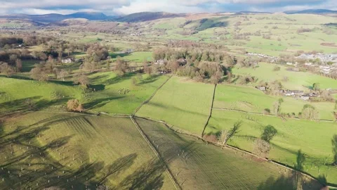 Expansive aerial view showcasing rolling hills, green fields, and vibrant trees. Stock Footage 293812794