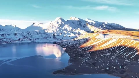 Expansive Aerial View of Snow-Covered Peaks and Serene Lake Tibet Stock Footage 339313609